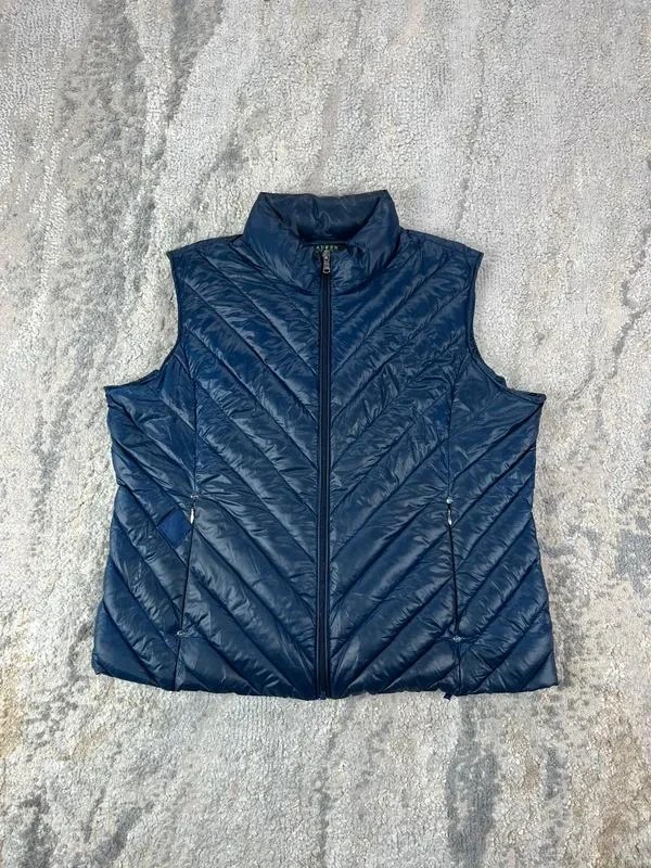 Vintage Ralph Lauren Women Navy Diamon Pattern Puffer Vest Hooded Full Zip Jacke